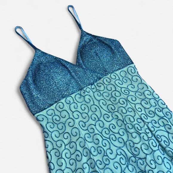 VTG Y2K Andretta Donatello Turquoise Blue Silk Beaded Swirly Formal Prom Dress - Picture 7 of 8